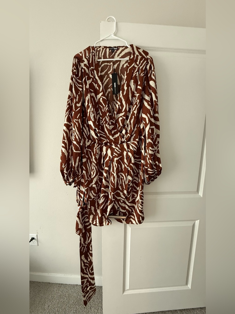Michael Kors Brown & White Animal-Print Wrap Mini Dress